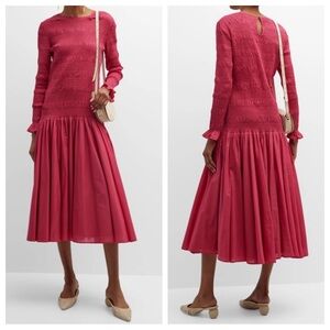 Merlette Syden 100% Cotton Midi Dress Smocked Fitted Bodice Ruffle Long Sleeve M